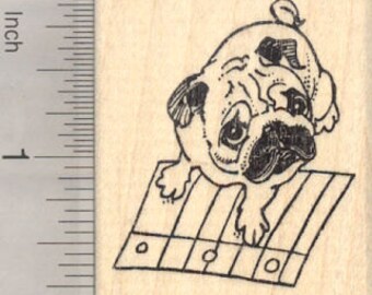 homework dog birthday Pug Rubber Stamp, Back to School, Dog with Notebook Paper G28509 Wood Mounted