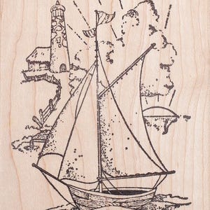 Voilier au phare Rubber Stamp M71852 monté sur bois