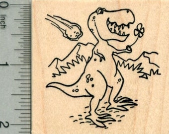 Lucky T-Rex Rubber Stamp, Saint Patrick's Day Dinosaur Four Leaf Clover J29709 Wood Mounted