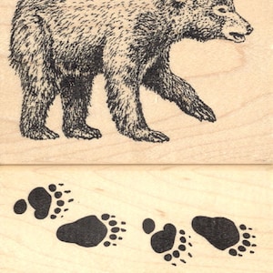 2 Piece Black Bear and Tracks Rubber Stamp Set (9510, 6910) Wood Mounted
