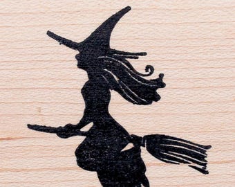 Flying Witch on Broomstick Rubber Stamp  G38823 Wood Mounted