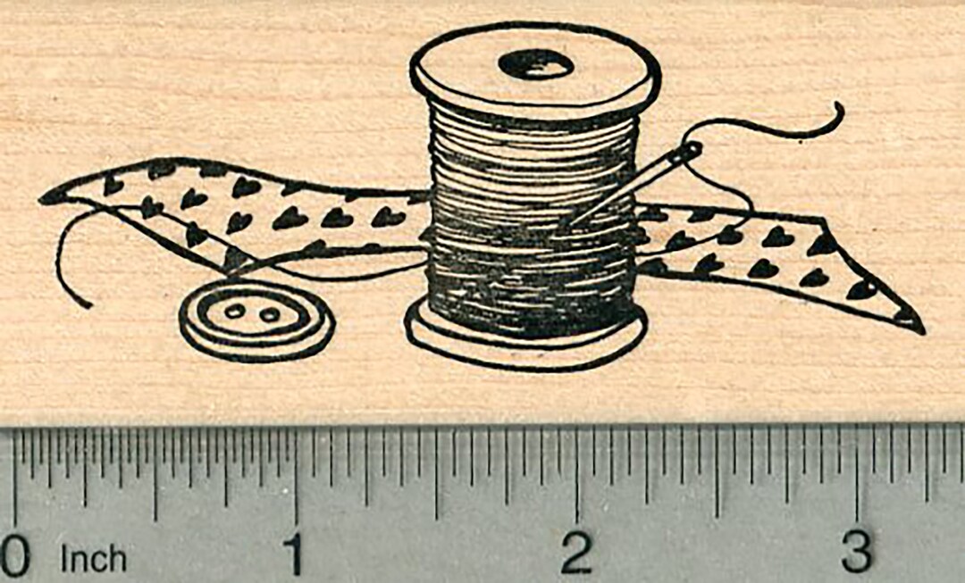 Sewing Themed Rubber Stamp, Needle With Thread and Button K38002 Wood