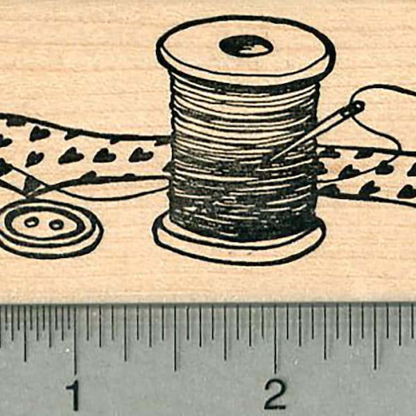 Sewing Themed Rubber Stamp, Needle with Thread and Button K38002 Wood Mounted