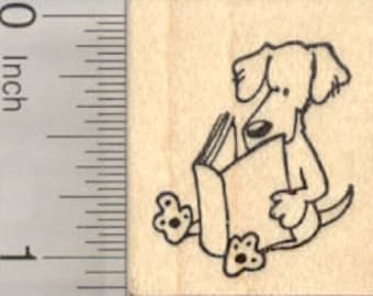 Small Dog Reading Rubber Stamp, Paws to Read Series D29104 Wood Mounted