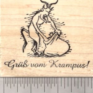 Christmas Krampus Rubber Stamp, Grub vom saying, with sack and captive E26508 Wood Mounted