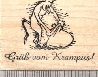 Christmas Krampus Rubber Stamp, Grub vom saying, with sack and captive E26508 Wood Mounted