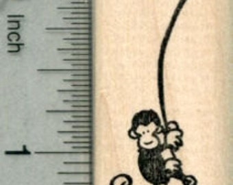 Monkey Rubber Stamp, Swinging on Vine B29708 Wood Mounted