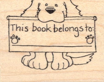This Book Belongs To... Dog Bookplate Rubber Stamp J3703 Wood Mounted