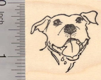 Happy Pitbull Dog Portrait Rubber Stamp D19205 Wood Mounted