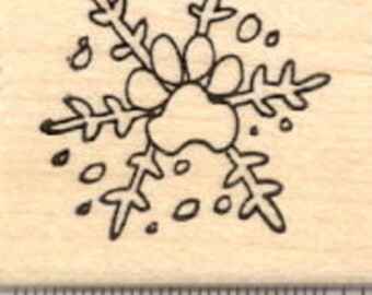 Paw Print Snowflake Rubber Stamp, Winter Snow D19916 Wood Mounted