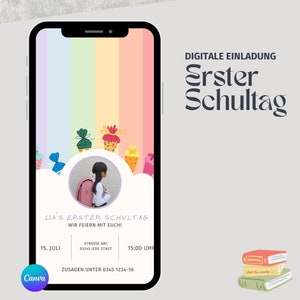 Modelo de convite digital para primeiro dia de aula com foto colorida em arco-íris e matrícula escolar | Cartão de convite digital personalizado WhatsApp