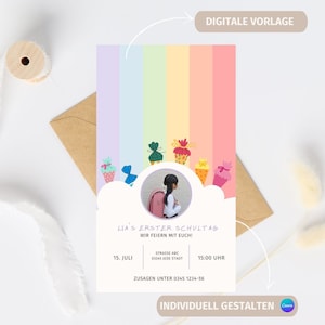 Modelo de convite digital para primeiro dia de aula com foto colorida em arco-íris e matrícula escolar | Cartão de convite digital personalizado WhatsApp