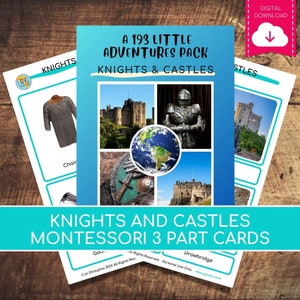 Tarjetas y actividades Montessori de 3 partes de Caballeros y Castillos