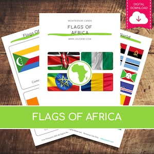 Montessori Flags Of Africa Nomenclatuur Kaarten en puzzelkaarten | Driedelige kaarten, Afrikaanse vlaggen, Afdrukbare vlaggen van Afrika