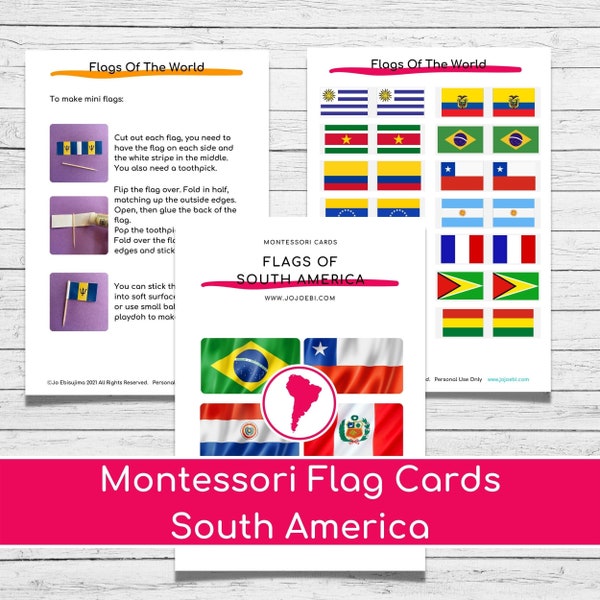 Montessori Flags Of South America Nomenclature Cards & Puzzle Maps | Three part cards, South American flags