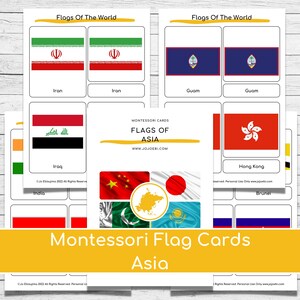 Montessori Flags Of Asia Nomenclature Cards & Puzzle Maps Three part cards, Asian flags, printable flags of Asia image 3