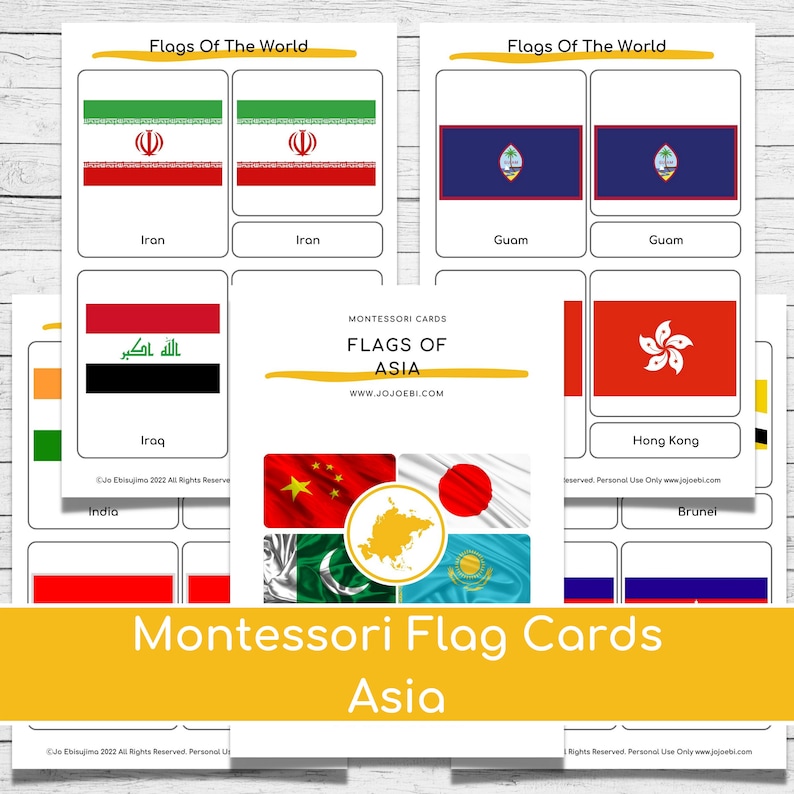 Montessori Flags Of Asia Nomenclature Cards & Puzzle Maps Three part cards, Asian flags, printable flags of Asia image 3
