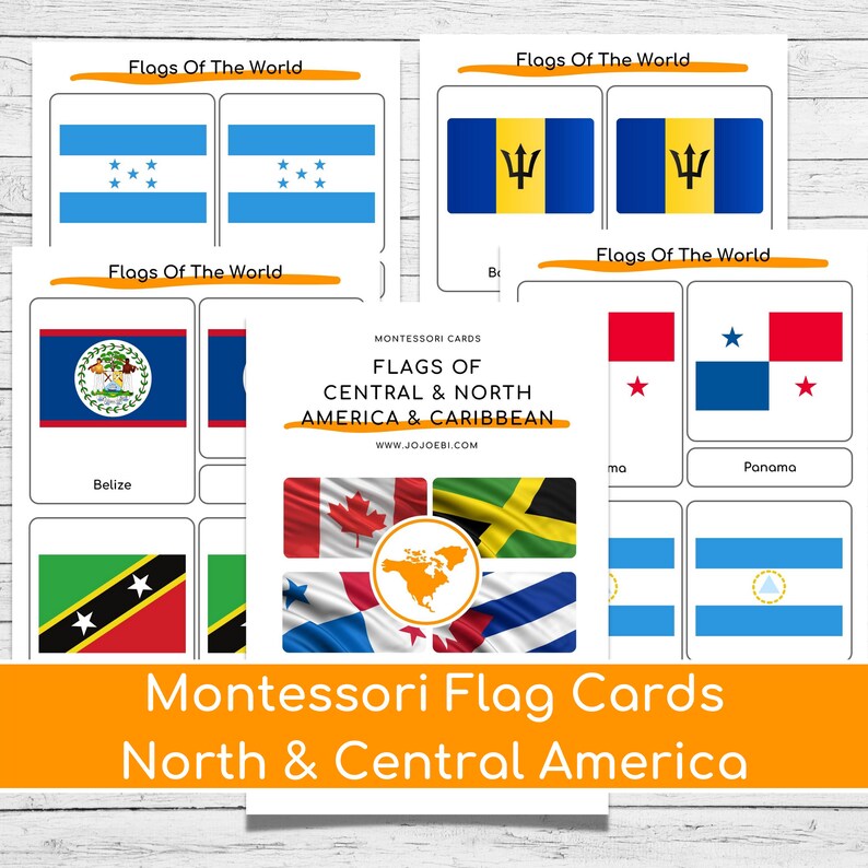 Montessori Flags Of North America Nomenclature Cards & Puzzle Maps Three part cards, North America flags, printable flags of North America image 2