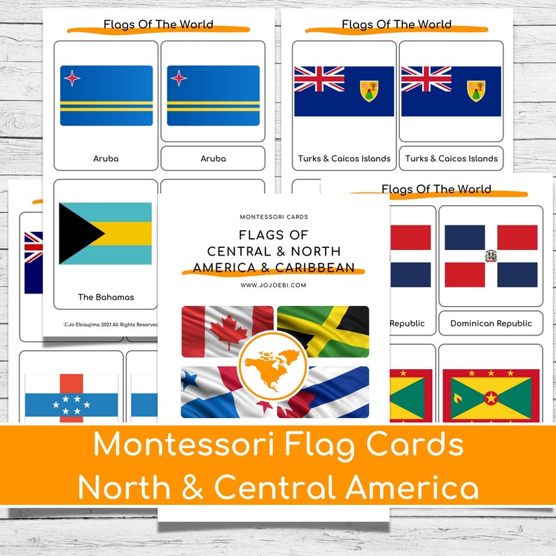 Montessori Flags Of North America Nomenclature Cards & Puzzle Maps Three part cards, North America flags, printable flags of North America image 1