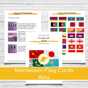 Montessori Flags Of Asia Nomenclature Cards & Puzzle Maps Three part cards, Asian flags, printable flags of Asia image 2