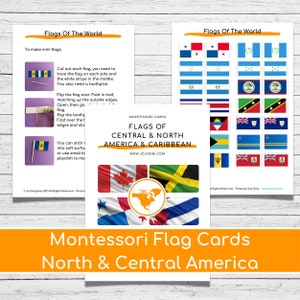 Carte nomenclatura Montessori Flags Of North America e mappe puzzle / Carte in tre parti, bandiere del Nord America, bandiere stampabili del Nord America immagine 3