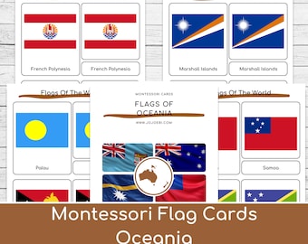 Montessori Flags Of Oceania Nomenclature Cards & Puzzle Maps | Three part cards, Oceania flags, printable flags of Oceania