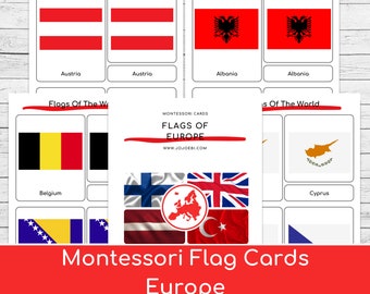 Montessori Flaggen Europas Nomenklatur Karten & Puzzle Karten | Dreiteilige Karten, Europa Flaggen, druckbare Flaggen von Europa