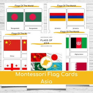 Montessori Flags Of Asia Nomenclature Cards & Puzzle Maps Three part cards, Asian flags, printable flags of Asia image 1