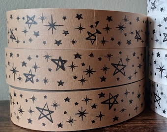 Self Adhesive Kraft Paper Tape with black stars: Ideal for Packaging and Gifting - 24mm x 50m - Plastic Free/Recyclable/Eco Friendly