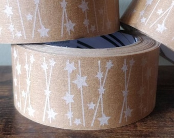 Self Adhesive Kraft Paper Tape White shooting stars - Ideal for Packaging - 48mm x 50m - Plastic Free/Recyclable/Eco Friendly