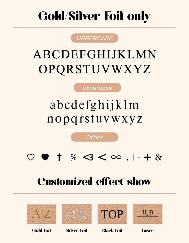 K&ouml;nnte beinhalten: Ein Schriftarten-Leitfaden mit dem Text Gold/Silver Foil only. Er zeigt Gro&szlig;- und Kleinbuchstaben in einer Serifenschrift sowie Symbole wie Herz, Kreuz, Prozent, Unendlichkeit und Et-Zeichen. Beispiele zeigen Gold-, Silber-, Schwarzfolie und Laser.