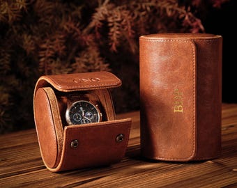 Rot Braun Leder Uhrenrolle, Personalisierte 1 Slot & 2 Slot Uhrenhülle, Benutzerdefinierte Reise Uhrenhalter, Geschenk für Ihn, Weihnachtsgeschenk