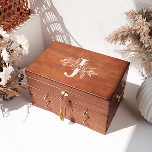 Gepersonaliseerde houten sieradendoos, aangepaste sieradendoos met slot en sleutel, sieradendoos met lades 3 lades, aangepaste retro sieradendoos