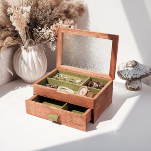 Glazen op maat gesneden houten sieradendoos Dubbellaagse sieraden Dames sieraden collectie doos met spiegel opberger Cadeau voor haar