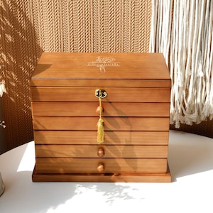 Gepersonaliseerde houten sieradendoos, houten sieradendoos met lades 6 lades, grote sieraden opberger met slot, huwelijkscadeau, voor moeder