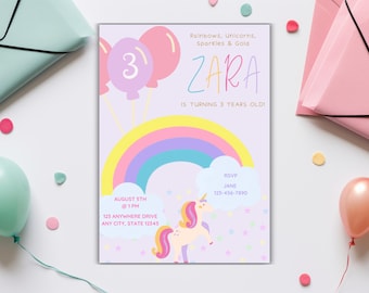 Rainbow Unicorn Birthday Invitation Template (Digital Download)