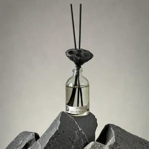 May include: A black diffuser bottle with a black lotus flower top and black reeds. The bottle is labeled "ROOM.22" and "Spicy Secret". The bottle is sitting on a pile of gray rocks.