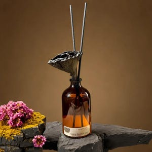 以下が含まれることがあります： 黒いラベルに「Spicy Secret」と「HOUDINI」が装飾的なフォントで書かれた茶色のガラス瓶。瓶は透明な液体で満たされ、黒いディフューザーのスティックが上部に挿入されています。瓶は黒い岩の上に置かれ、その上に乾燥した花が置かれています。