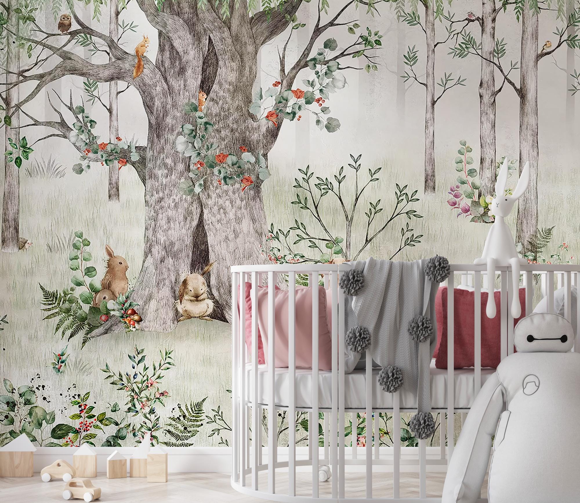 Kids Room Animals Wall Mural, Big Tree Wallpaper, Baby Room Peel and ...