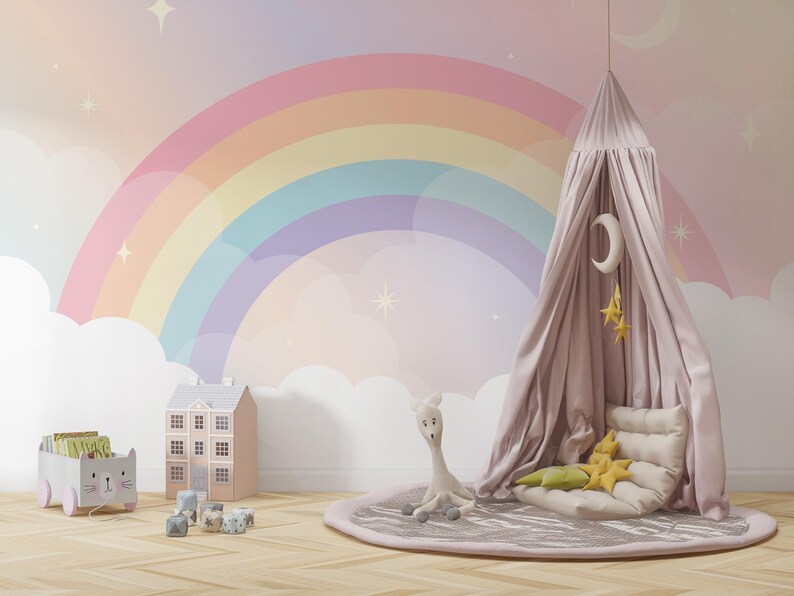 Kids Pastel Rainbow 3D Wall Mural Photo Wallpaper, Watercolor Pastel ...