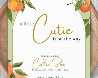 Printable "A little Cutie" is on the way Baby Shower Invitation - Orange Citrus Digital Template