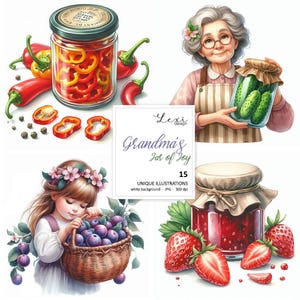 Grandma's Jar of Joy - illustrations numériques, clipart, illustrations scrapbooking, grand-mère, cuisinière, conserves, automne, fruits, légumes