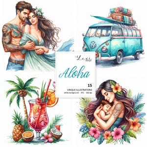 Aloha - ilustraciones digitales, imágenes prediseñadas, ilustraciones de scrapbooking, mar, vacaciones, playa, hawai, palmeras