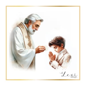 Illustrazione di un ragazzo che riceve la comunione da un prete - Meadow Whisper Communion, clipart, acquerello, comunione