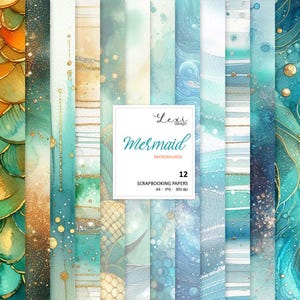 Sfondi sirena: carte per scrapbooking digitale, carta digitale, sirena, mare, mondo sottomarino, onde, squame di pesce, acquerello, zaffiro