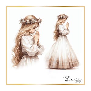 Ilustración de Niñas de Comunión - Meadow Whisper Comunión, clipart, acuarela, comunión