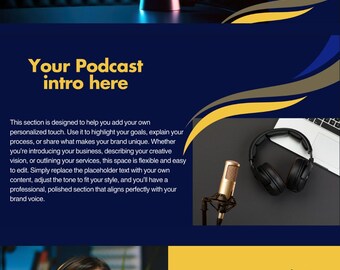 May include: A promotional graphic for a podcast, featuring a microphone, headphones, and a laptop. The design includes text that reads "Logo Here", "Your Podcast intro here", and "Meet Your Host". The color scheme is primarily blue and yellow.