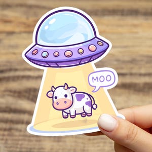 Pegatina de OVNI con secuestro de vaca para álbum de recortes, planificador, pegatinas de nave espacial, etiqueta de vinilo de ciencia ficción, pegatina de abducción extraterrestre, regalo para ella ET