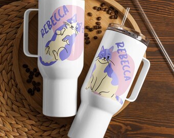 Vaso de gato personalizado con asa, regalo para amantes de los felinos con nombre personalizado.