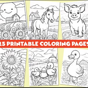 Puede incluir: Un conjunto de 25 páginas para colorear imprimibles con animales de granja, incluyendo un cerdo, un caballo, un pato y girasoles. Las páginas son en blanco y negro y están listas para ser coloreadas.
